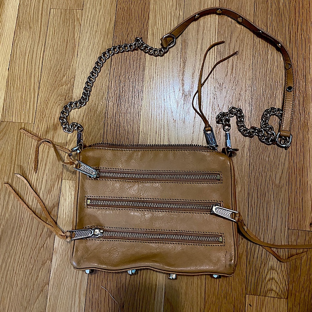 Rebecca Minkoff mini 5 zip rocker leather crossbody bag, tan